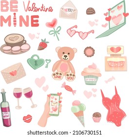 Vector set of cute clip arts for Valentine’s Day postcards, posters. Teddy bear, coffee, hearts, lollipop, sweets, love letters, bottle of wine and glasses, cupcake, lettering.