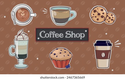 Vector set of cute coffee shop items. This vector set contains: muffin, takeaway coffee cup, espresso, cappuccino, cookies and mocha coffee. Ideal vector set for stickers.