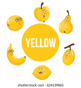 Vector set of cute color emoticon fruits and vegetables. You can use for food icon, background, labels, education card, banner or sticker.