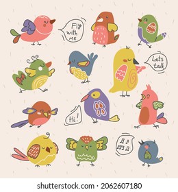 Vector set of cute colored birds that sing and talk.