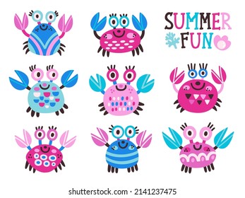 Vector set of cute colored crabs. Summer illustration with funny cartoon characters and text “Summer fun” Isolated on white