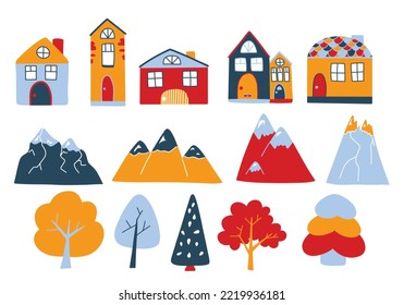 Vector set with cute colored houses, mountains and trees in doodle style. Norwegian houses, mountain peaks. Cute illustrations for postcards, posters, fabrics, design