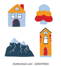 Vector set with cute colored houses, mountains and trees in doodle style. Norwegian houses, mountain peaks. Cute illustrations for postcards, posters, fabrics, design