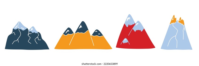 Vector set with cute colored mountains in doodle style, colorful cartoon mountain tops. Cute illustrations for postcards, posters, fabrics, design