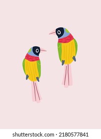 Vector set of cute colorful birds on pink background. Tropical birds couple