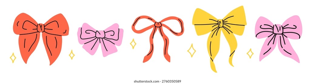 Vector set of cute colorful bow ribbon illustration in red, pink and yellow with sparkles. Hand drawn decorative bow garland for greeting card, birthday banner, gift packaging, girly festive design.