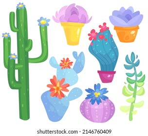 Vector set of cute colorful cacti of different types. All elements are isolated