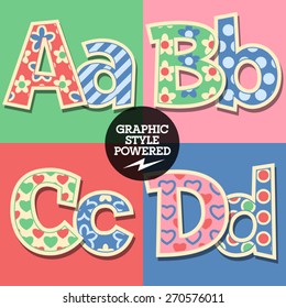 Vector set of cute colorful children font. Uppercase and lowercase letters 