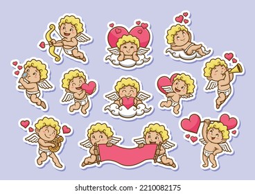 Vector set of cute colorful cupids stickers with hearts. Small angels with wings bow heart hunters fly in the sky. Sticker collection of various angels or cupids printable template a4