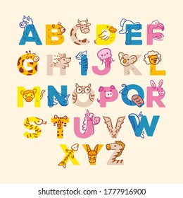 Vector set of cute colorful flat animal alphabet characters illustration template Design for kids