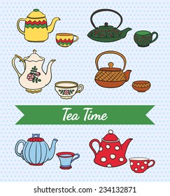 Vector set of cute colorful freehand teapots and cups on retro blue polka dot background - Shutterstock ID 234132871