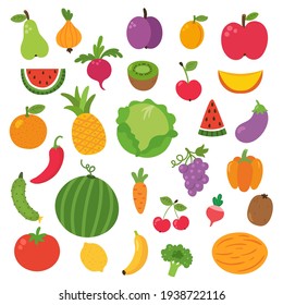 vector set of cute colorful fruit and vegetables, children clipart, vegetarian food