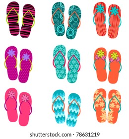 Vector set of cute, colorful fun flip flops illustration