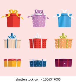 Vector set of cute colorful gift boxes on a light background. Trendy vector illustration for web and print. Objects are isolated.Christmas gift box.Colorful wrapped gift boxes.