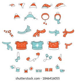 Vector set of cute colorful line art Christmas clothes hat, scarf, mittens, boots isolated on white. Illustration of Christmas concept. For stickers, decor, design, congratulation cards, and print.