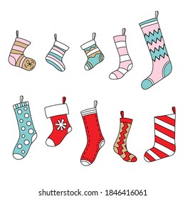Vector set of cute colorful line art socks for presents isolated on white background. Illustration of Christmas concept. For stickers, decor, design, congratulation cards, and print.