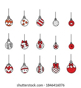 Vector set of cute colorful line art Christmas tree ball isolated on white background. Illustration of Christmas concept. For stickers, decor, design, congratulation cards, and print.