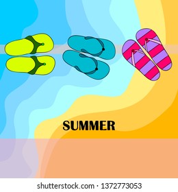 Vector set with cute and colorful summer slippers. Beach vacation. Vector background.