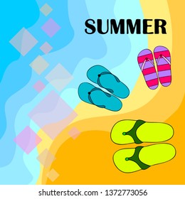 Vector set with cute and colorful summer slippers. Beach vacation. Vector background.
