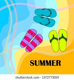 Vector set with cute and colorful summer slippers. Beach vacation. Vector background.