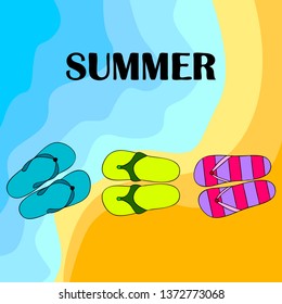 Vector set with cute and colorful summer slippers. Beach vacation. Vector background.
