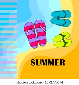 Vector set with cute and colorful summer slippers. Beach vacation. Vector background.
