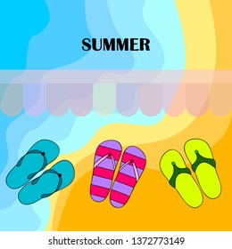 Vector set with cute and colorful summer slippers. Beach vacation. Vector background.