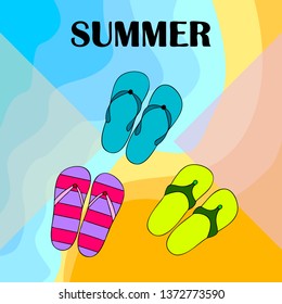 Vector set with cute and colorful summer slippers. Beach vacation. Vector background.