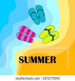 Vector set with cute and colorful summer slippers. Beach vacation. Vector background.