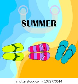 Vector set with cute and colorful summer slippers. Beach vacation. Vector background.