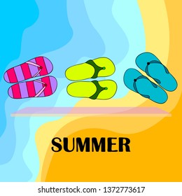 Vector set with cute and colorful summer slippers. Beach vacation. Vector background.