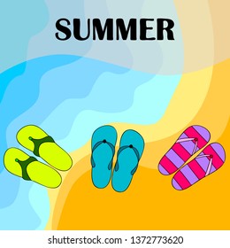 Vector set with cute and colorful summer slippers. Beach vacation. Vector background.