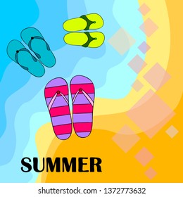Vector set with cute and colorful summer slippers. Beach vacation. Vector background.