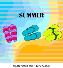 Vector set with cute and colorful summer slippers. Beach vacation. Vector background.