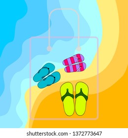 Vector set with cute and colorful summer slippers. Beach vacation. Vector background.