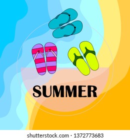 Vector set with cute and colorful summer slippers. Beach vacation. Vector background.