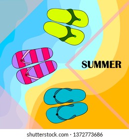 Vector set with cute and colorful summer slippers. Beach vacation. Vector background.