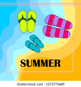 Vector set with cute and colorful summer slippers. Beach vacation. Vector background.