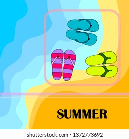 Vector set with cute and colorful summer slippers. Beach vacation. Vector background.