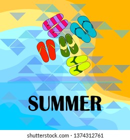 Vector set with cute and colorful summer slippers. Beach vacation. Vector background.