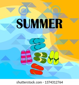 Vector set with cute and colorful summer slippers. Beach vacation. Vector background.