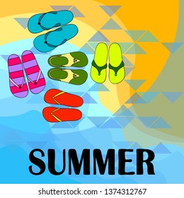 Vector set with cute and colorful summer slippers. Beach vacation. Vector background.