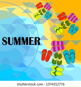 Vector set with cute and colorful summer slippers. Beach vacation. Vector background.
