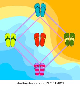 Vector set with cute and colorful summer slippers. Beach vacation. Vector background.