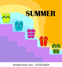 Vector set with cute and colorful summer slippers. Beach vacation. Vector background.