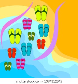 Vector set with cute and colorful summer slippers. Beach vacation. Vector background.