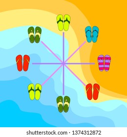 Vector set with cute and colorful summer slippers. Beach vacation. Vector background.