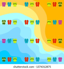 Vector set with cute and colorful summer slippers. Beach vacation. Vector background.