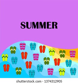 Vector set with cute and colorful summer slippers. Beach vacation. Vector background.