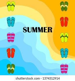 Vector set with cute and colorful summer slippers. Beach vacation. Vector background.